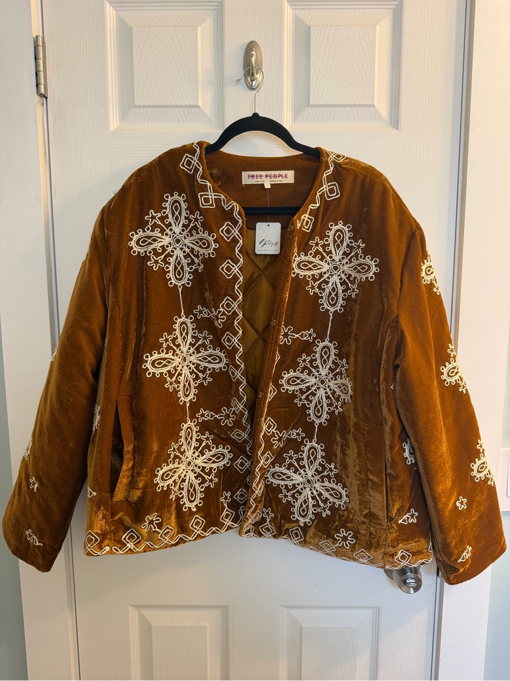 NWT Free People Velvet Embroidered Jacket Brown Boho, Size XL